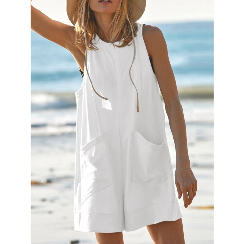 Beach Boho Maui - Round Neck Sleeveless Romper with Pockets - - Picture 1 of 4